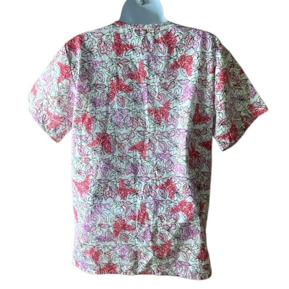 Delta Uniform Abstract Floral Top Womens XS V-Neck Short Sleeve AOP Workwear - Picture 2 of 7